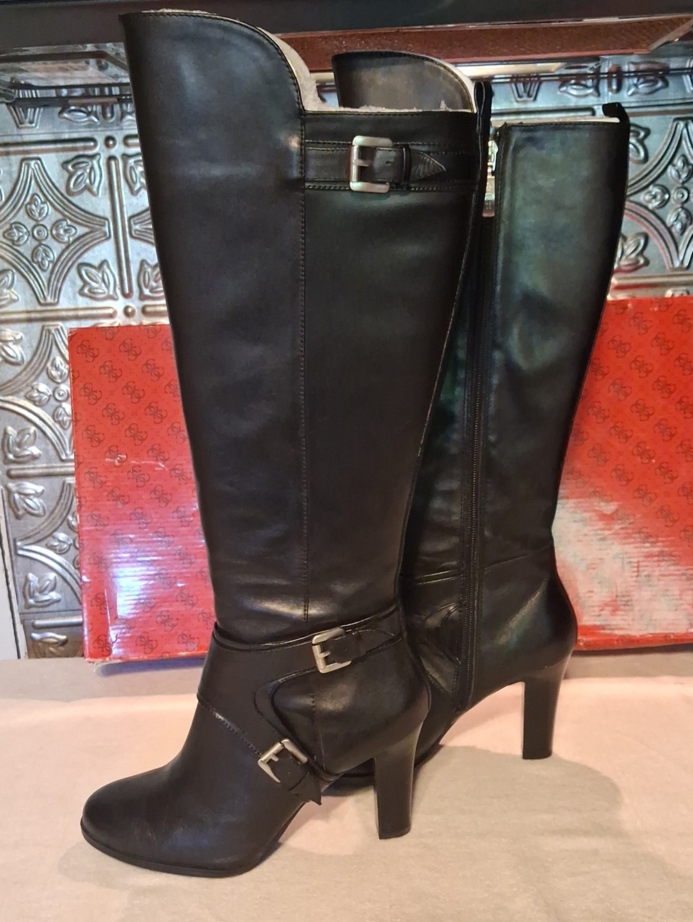 Guess Black Leather Knee-High Heeled Boots with Buckle Detail